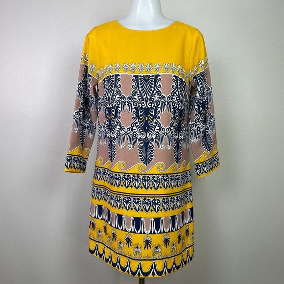 J. Crew Dresses & Skirts - J. Crew Dress 0 Yellow Navy Blue 3/4 Sleeve Gallery Printed Shift Women's